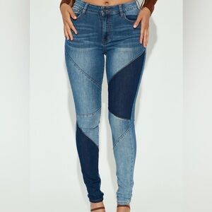 Fashion Nova Blue Patchwork Skinny Jeans- Size 7 Tall